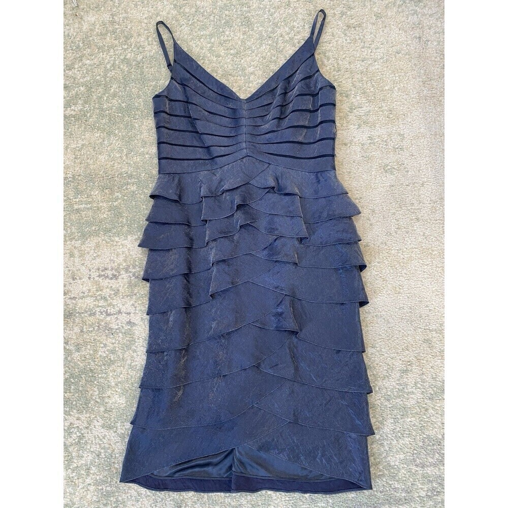 Adrianna Papell Size 4P taupe ruffle layered cut out mesh formal evening dress